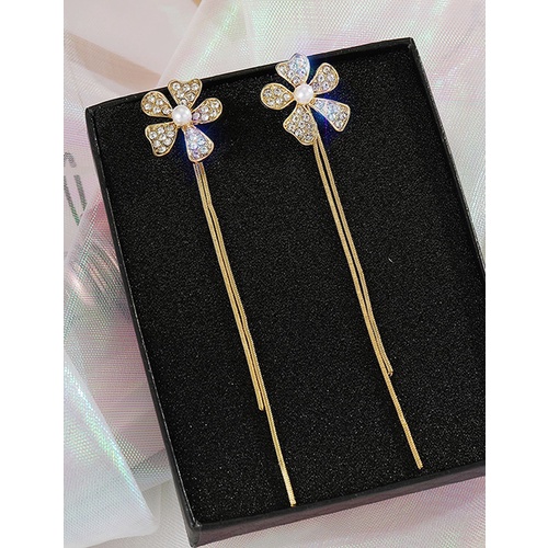 LRC Anting tusuk Fashion Rhinestone Flower Tassel Pearl Flower Tassel Resin