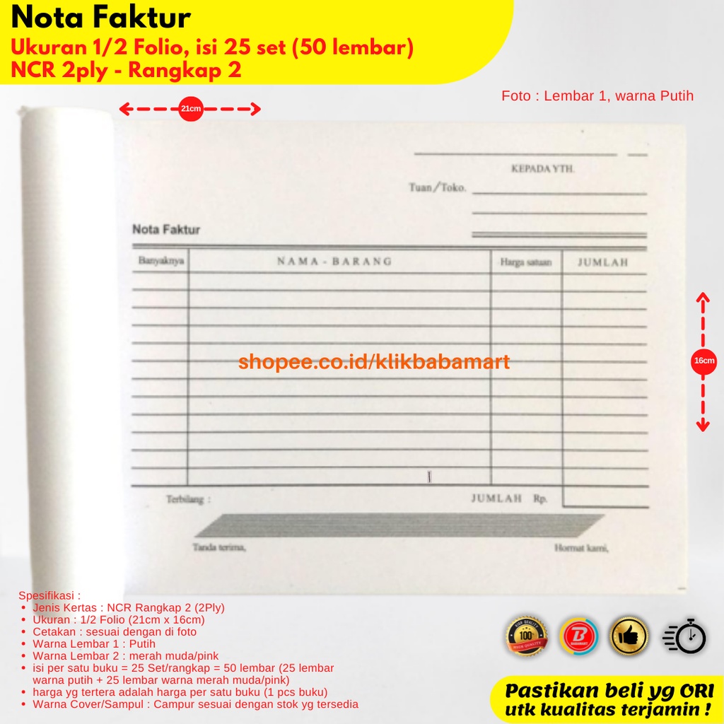

NOTA FAKTUR 1/2 FOLIO RANGKAP 2 PLY PUTIH MERAH