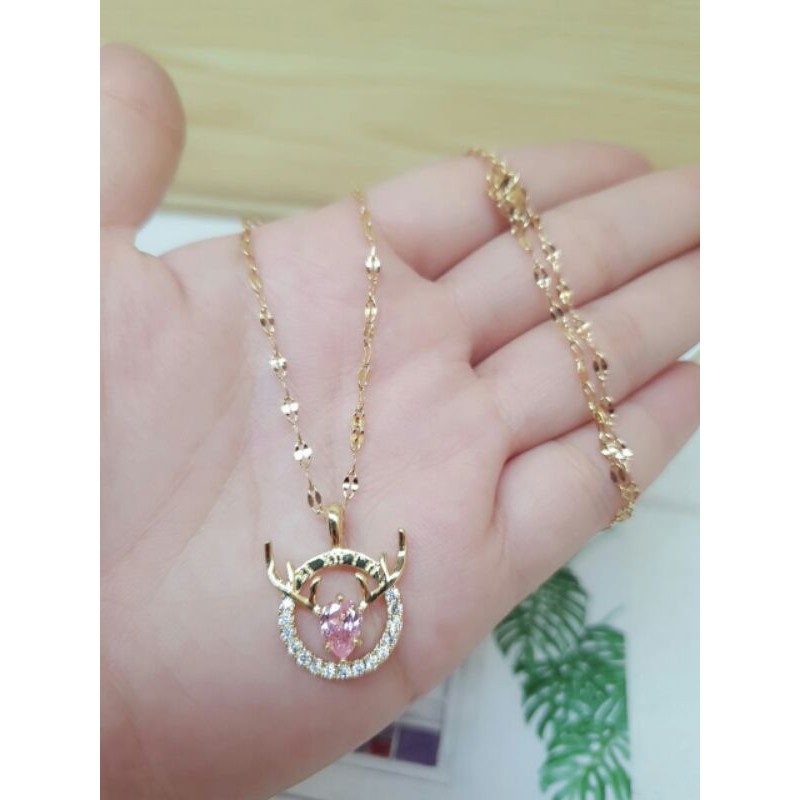 Kalung asli titanium liontin microdiamond pink / kalung titanium liontin batu pink