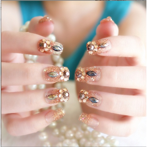 KUKU PALSU MODEL GOLD GLITTER 3D FAKE NAIL NAILART WEDDING