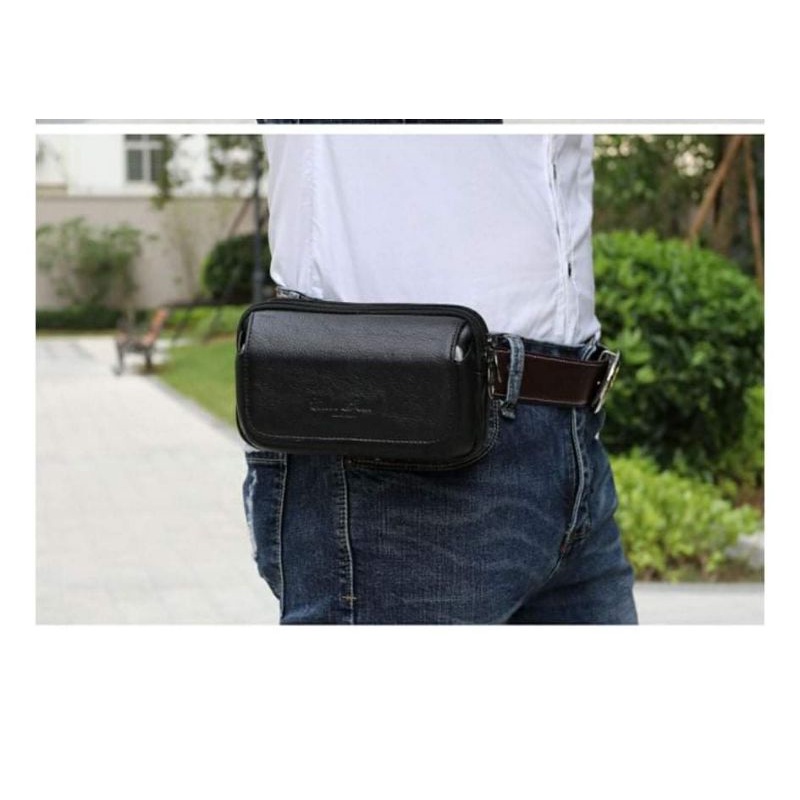 Dompet Hp Pria Tiga Ruang Model Tidur Cocok untuk hp 6,6inc Import Hitam Pria Kulit Asli