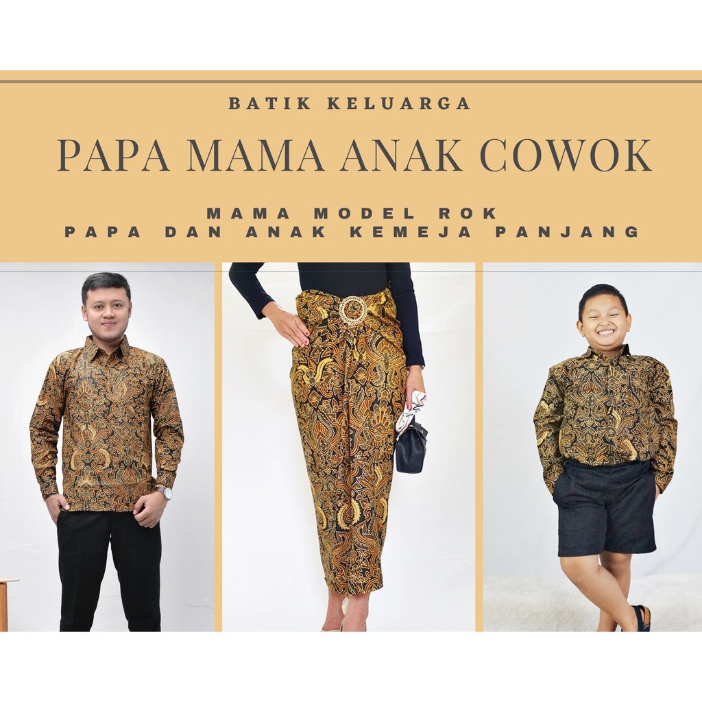 Couple Batik Bapak Ibu dan Anak Cowok Bahan Katun Sogan Motif Pisang Bali Mama Model Rok Lilit