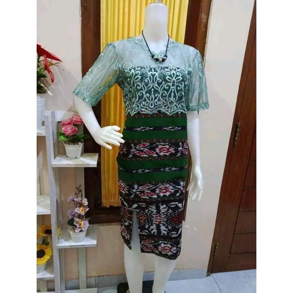 dress tenun kombinasi brokat hijau etnik