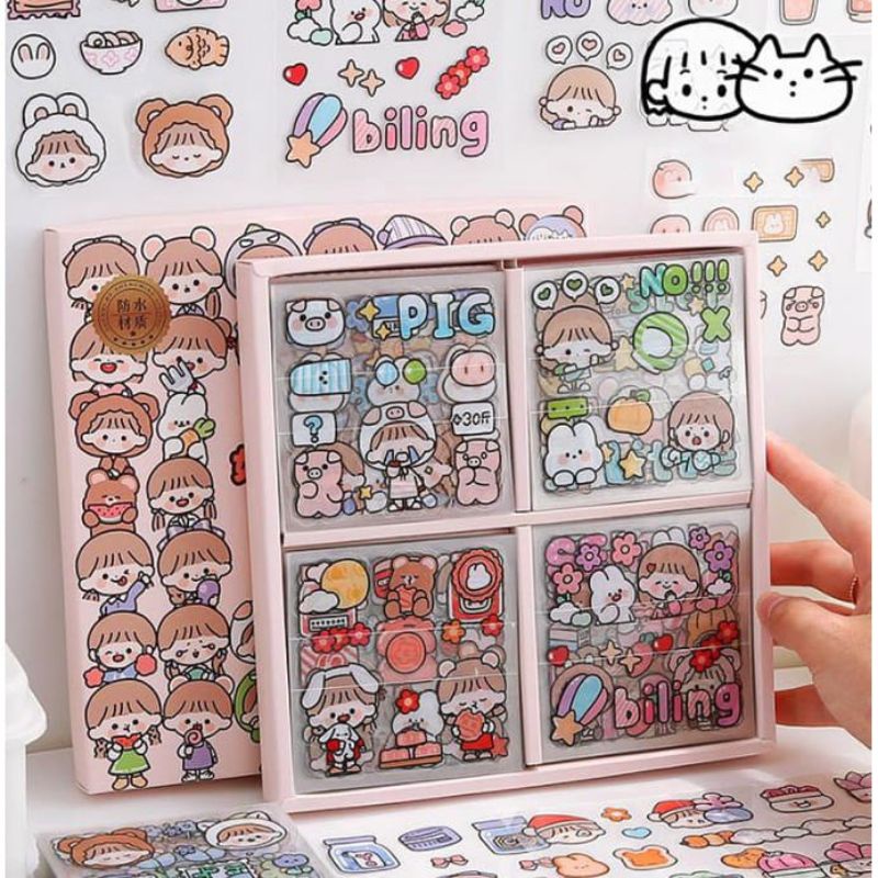 

100 Lembar PET Waterproff Cartoon Rabbit Girls Decorative Tumblr Hp Laptop Jurnal Stickers Box Set