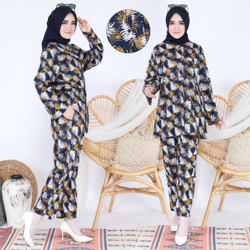 SET LEAFY FASHION PAKAIAN WANITA SETELAN ATASAN CELANA KATUN RAYON BIGSIZE JUMBO MR