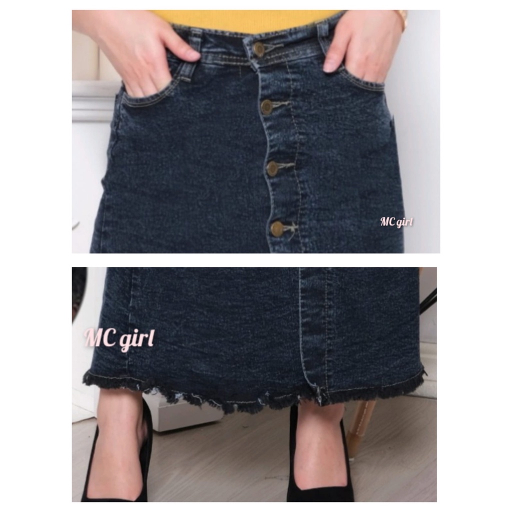 MC girl - Rok Panjang Jeans Full Kancing Depan Rawis Warna Snow Black Wanita / Rok Span Denim Bukaan Kancing Depan Rumbai Colour Snowblack Cewek