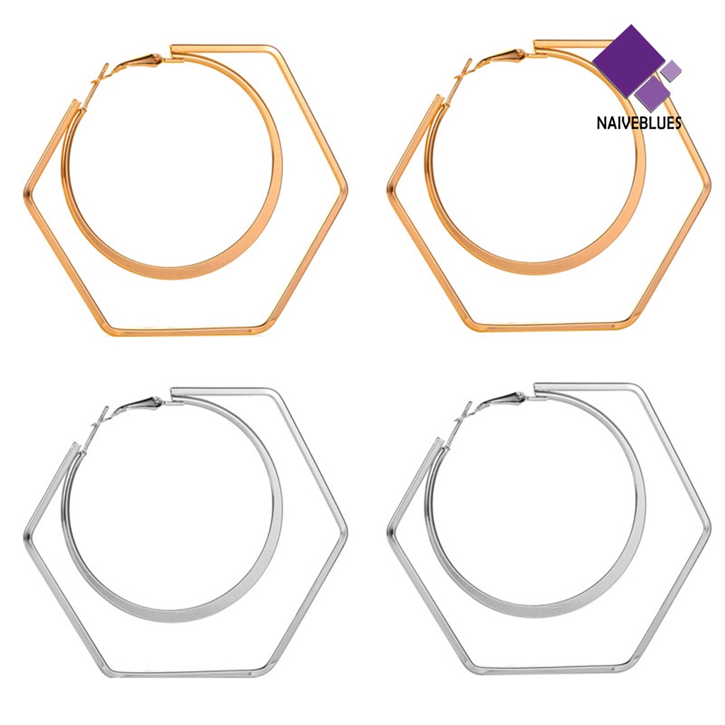 1 Pasang Aksesoris Perhiasan Bentuk Geometri Bulat Hexagon Untuk Wanita