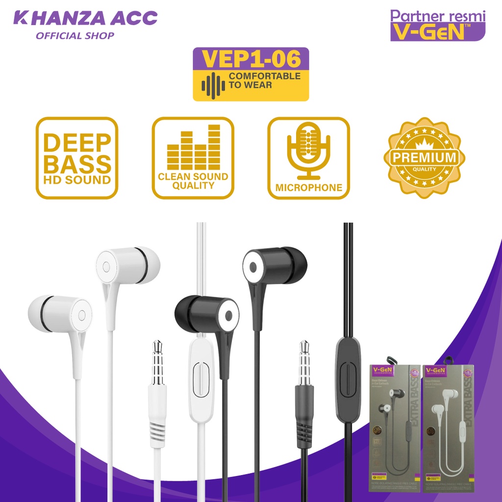 KHANZAACC EARPHONE VGEN VEP1-06 Wired Earphone Headset Original Extra Bass