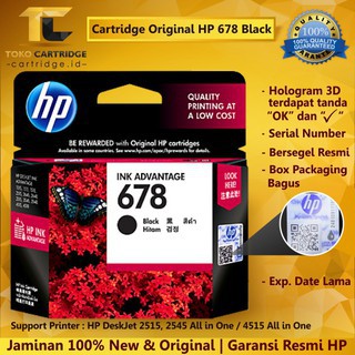 Cartridge HP 678 Black Original Catridge CZ107AA Hitam Katrid Tinta Printer 1515 2515 2645 3545 4645