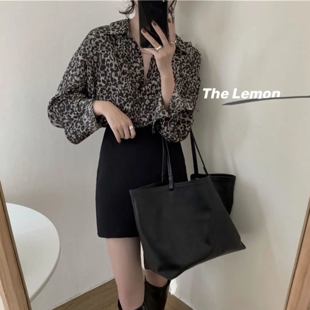 Shifon blus wanita leopard print kemeja wanita retro Hong Kong gaya pencetakan lengan panjang