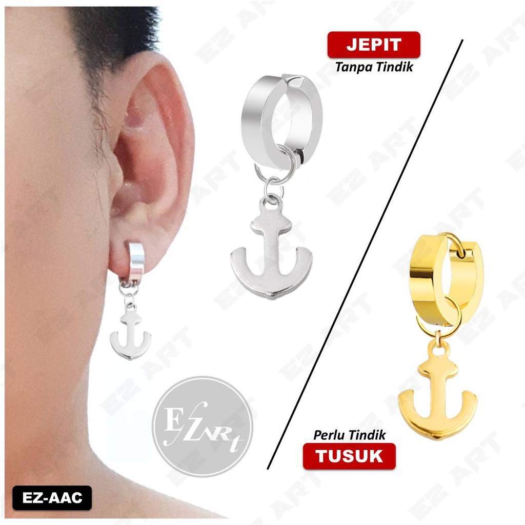 1Pc EZ-AAC ANTING KOREA JEPIT / TUSUK JANGKAR / ANCHOR SILVER EMAS PRIA WANITA STAINLESS STEEL