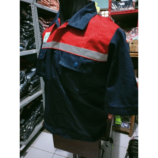 BAJU SAFETY LENGAN PENDEK NAVY MERAH RESLETING PREMIUM BAHAN DRILL ADEM