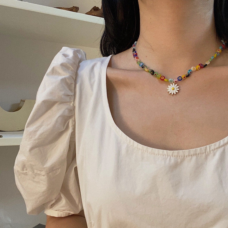 Color Beaded Necklace, Small Daisy Pendant, Clavicle Chain, Korean Temperament, Simple