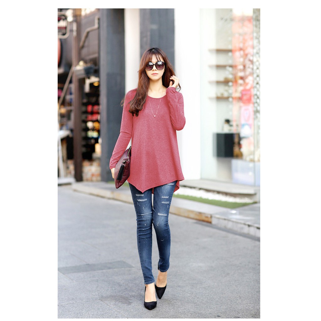 KARAKOREA PinUp Unbalanced Tee Baju Atasan Wanita Lengan panjang-PU BIG/Indie Pink