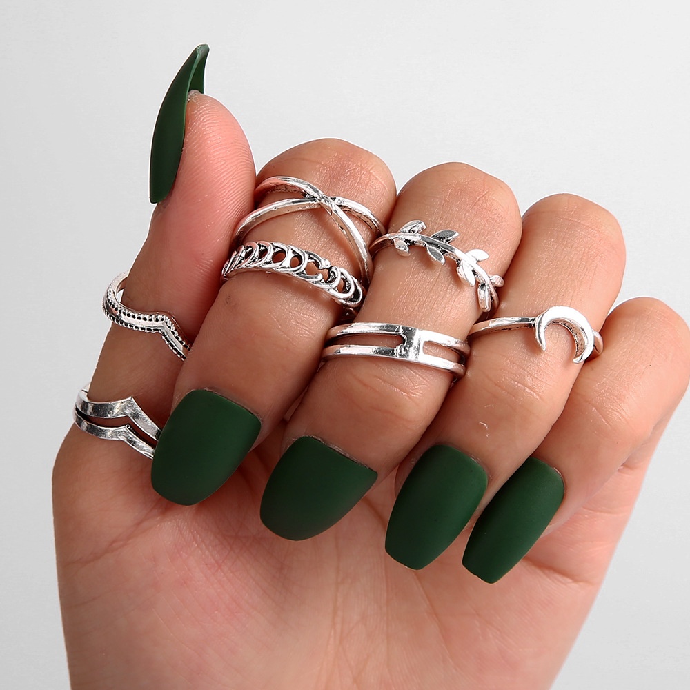 [ACKER] 7Pcs Set Cincin Gabungan Daun Bulan Perak Wanita Korea