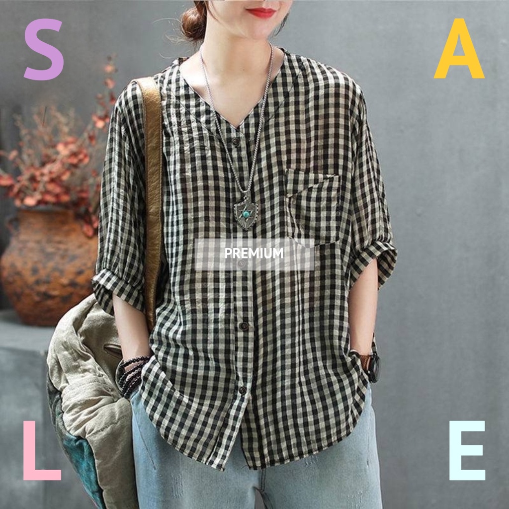 KEMEJA BLUS KOTAK CEWEK-ATASAN WANITA BAHAN KATUN JEPANG PREMIUM
