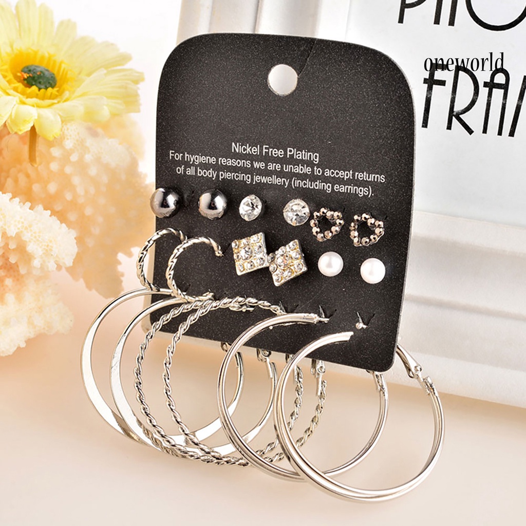 OW@ 9 Pairs Earring Rhinestone Inlaid Jewelry Gift Alloy Stud Hoop Earrings Set for Dating