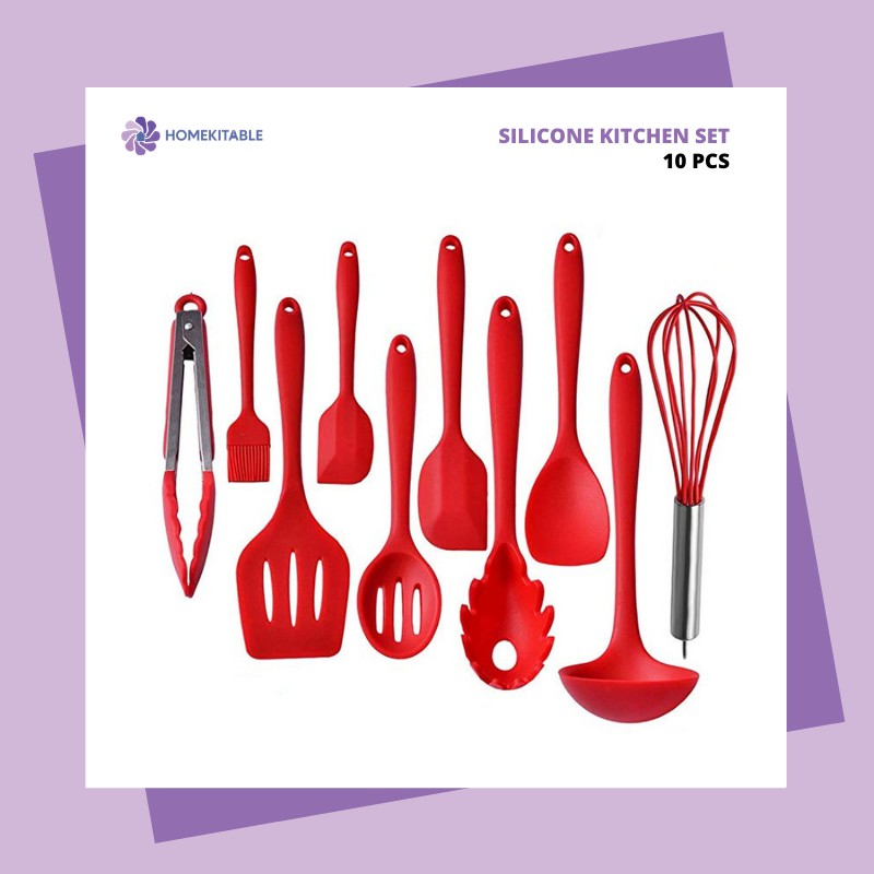 Homekitable Spatula Sutil 10 Pcs Silicone Stainless-Merah