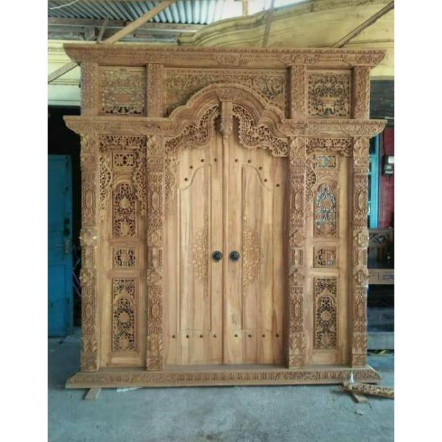 Pintu Kusen Gebyok Bahan Jati Full Ukir Ukuran 2.5 Meter Asli Khas Jepara Eksotis Mewah Elegan