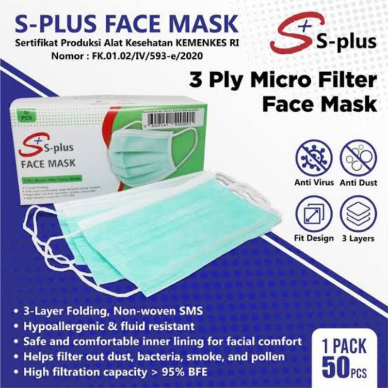 Masker medis 3 ply isi 50 pcs S-Plus / S-Plus face mask isi 50 pcs