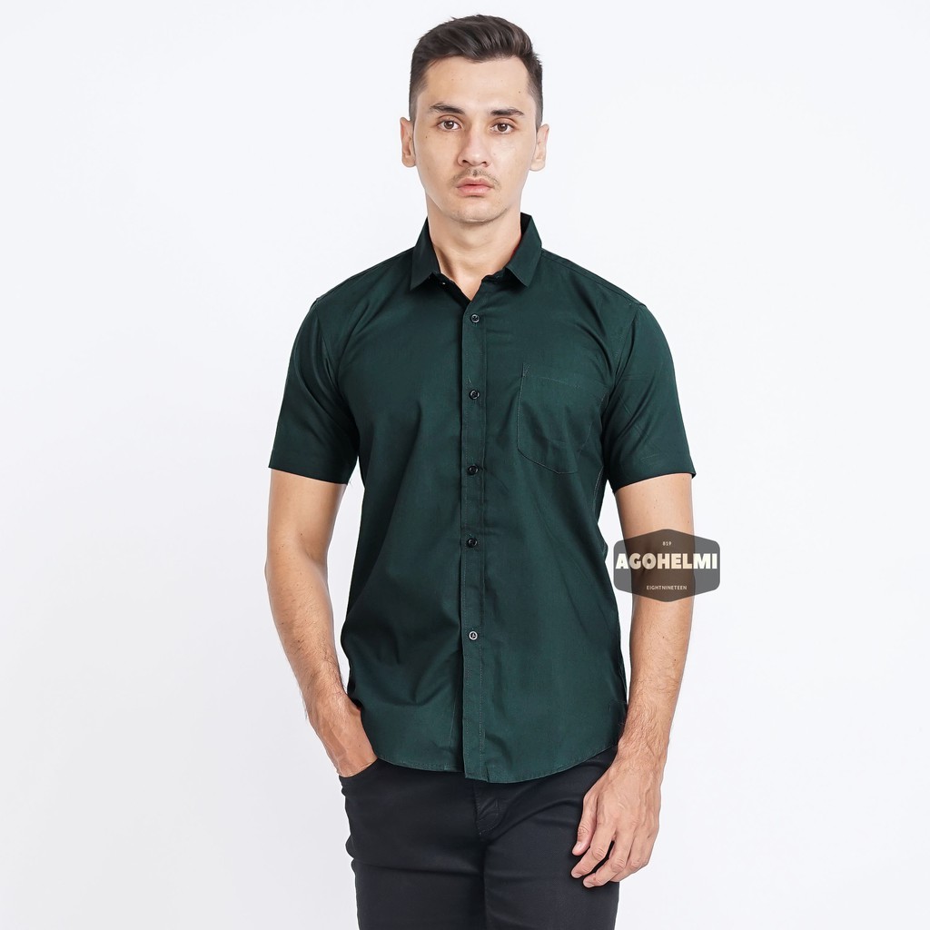 Kemeja Pria Lengan Pendek Kemeja Polos Warna Hijau Botol Hijau Tua Dark Green Slimfit Casual Keren