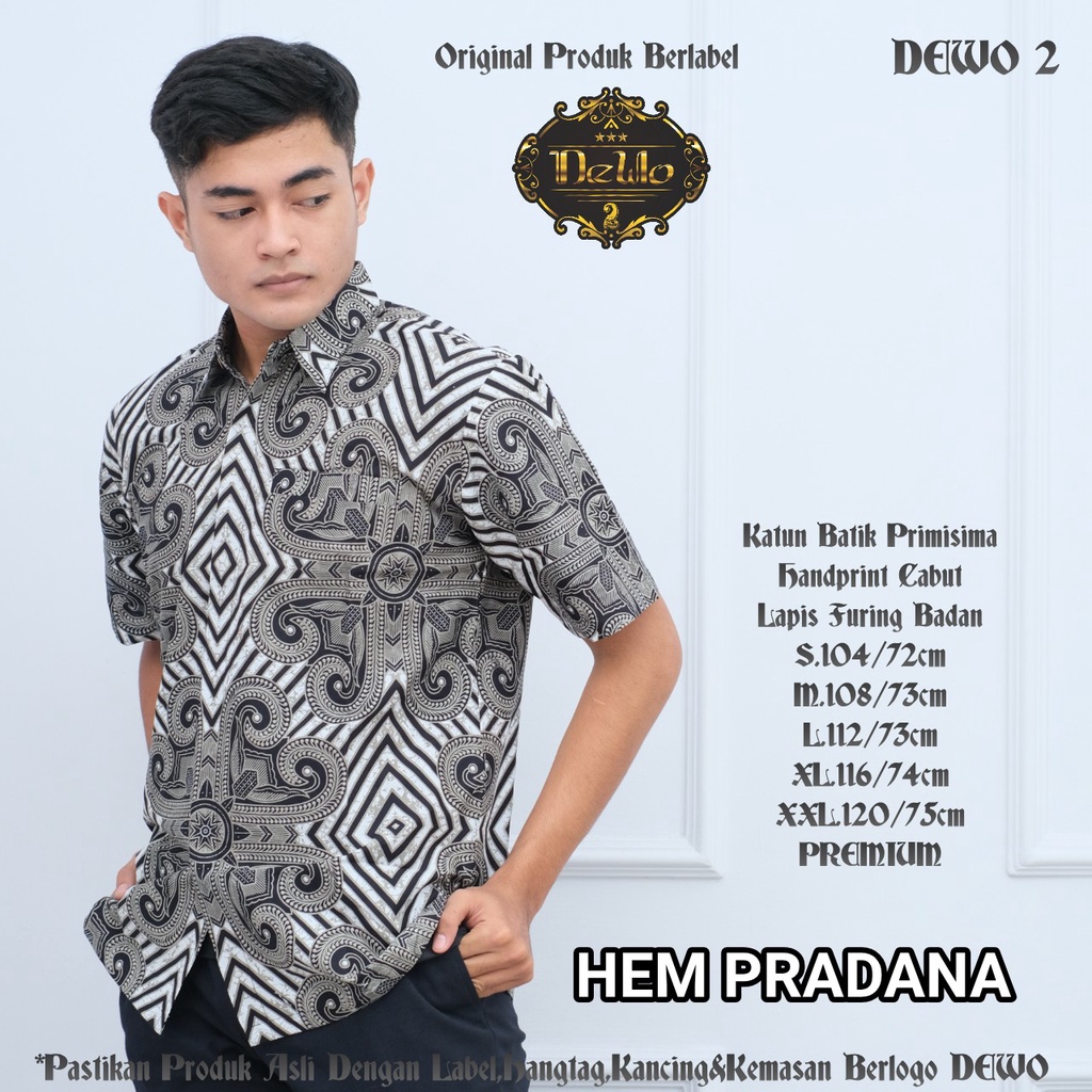 PRADANA Baju Kemeja Batik Pria Solo Premium Modern Lengan Pendek Katun FULL FURING DEWO PERWIRA