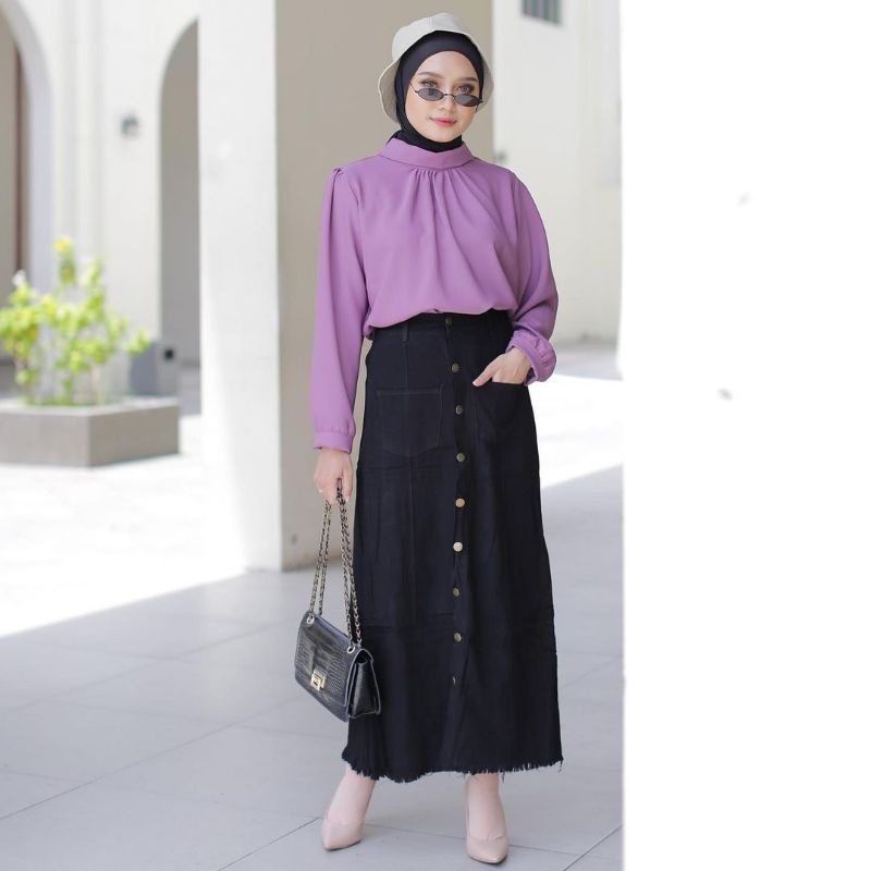 Rok jeans panjang kancing depan-rok jeans murah