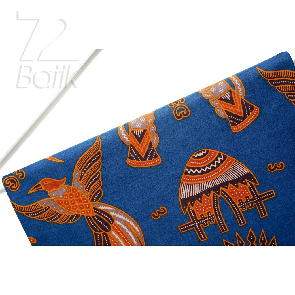 KAIN BATIK PREMIUM Bahan Katun Motif Burung Rumah Adat Warna Biru Orange 721617 Cap 72 Jarik Jarit Samping Kebat Panjang Batik Katun Modern Premium Bahan Seragam Batik Pernikahan Kantor Keluarga Murah Kamen Jadi Batik Bali Lembaran