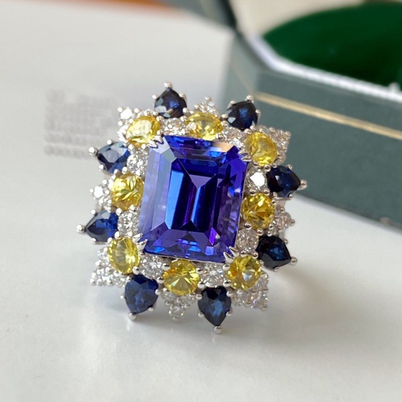 Cincin Bentuk Persegi Geometri Aksen Cubic Zirconia Warna Biru Gaya Eropa Amerika Untuk Wanita