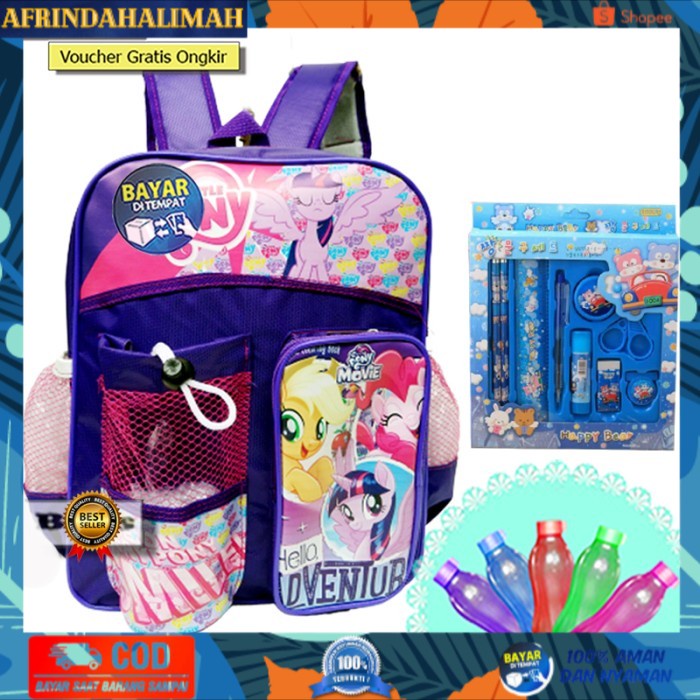 

[TERBARU] Paket Tas Sekolah Anak Play Group(Botol Minum& Set Alt Tulis)P0NY Ungu