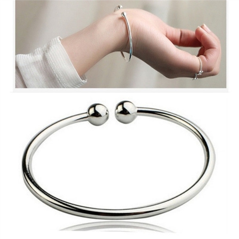 【Spot】925Silver plated Open Smooth Bangles Bracelets Charms Beads