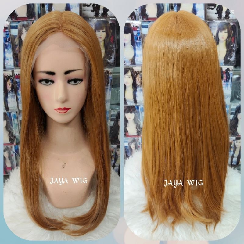 Wig Lurus Panjang Tanpa Poni Warna Pirang Terang Rambut Palsu Wanita Model Belah Tengah