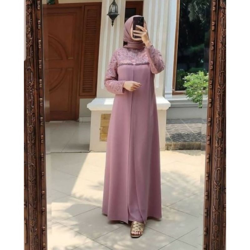Gamis syari brokat renda gamis butiq mewah pesta premium terbaru baju lebaran 2021 2022 Maxi Aulia p