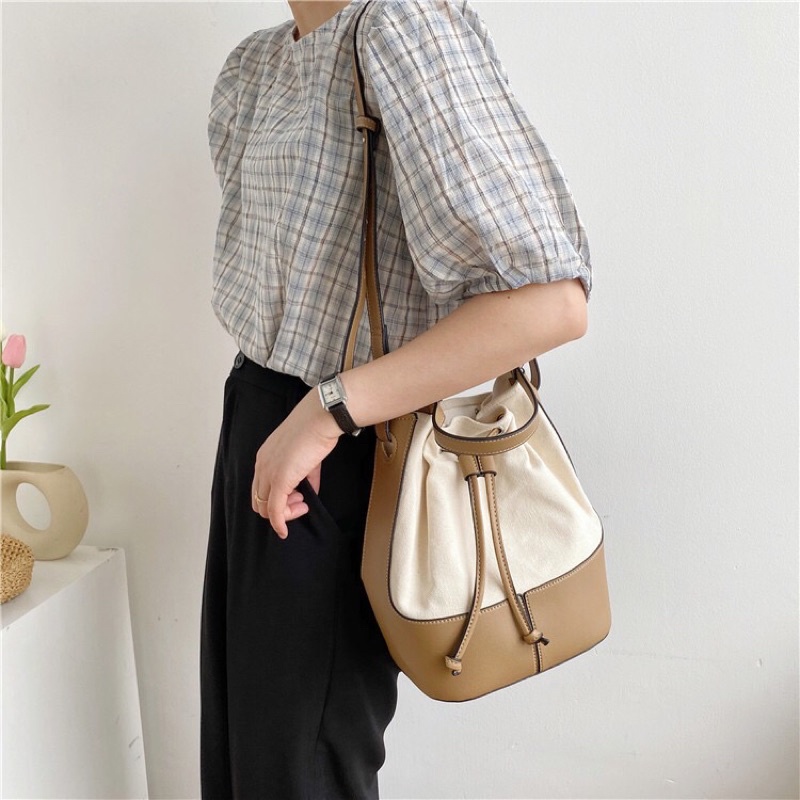 Mores Bag Tas Selempang wanita Hebe Medium Bucket Kanvas PU / Woman Slingbag Serut Canvas Import Tas remaja Aesthetic Korean style