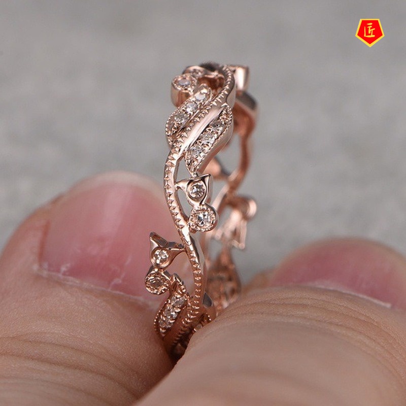 [Ready Stock]Lucky Flower Vine Leaves Diamond-Studded Ring Stylish and Elegant