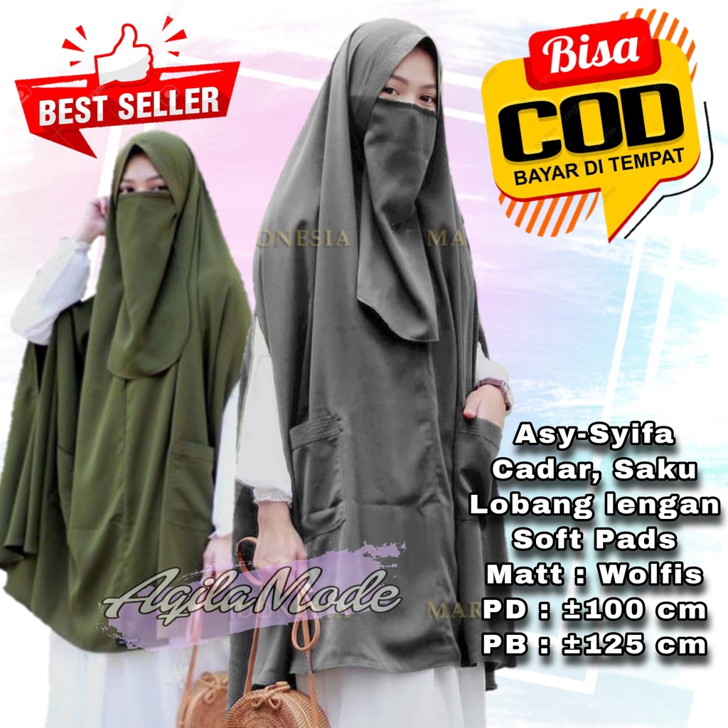 (Free Cadar) Khimar Syari As Syifa Bolong / Lobang Lengan Tangan Jilbab Instant Jumbo Softpet Saku R