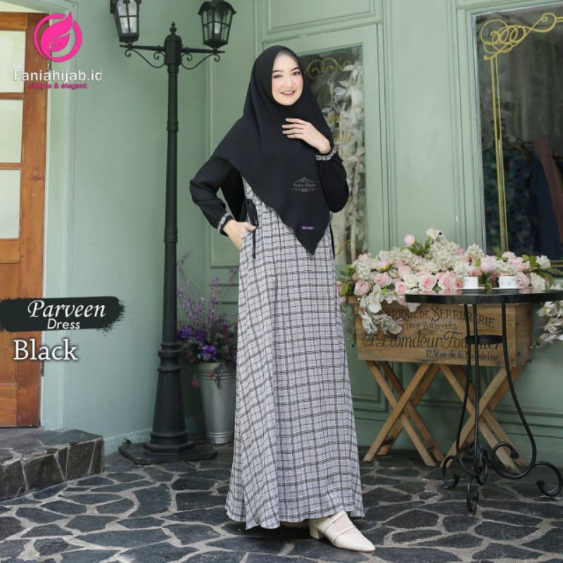 Parveen Dress Gamis Fania Hijab Polos Kombinasi Motif Kotak Syari Busui Terbaru