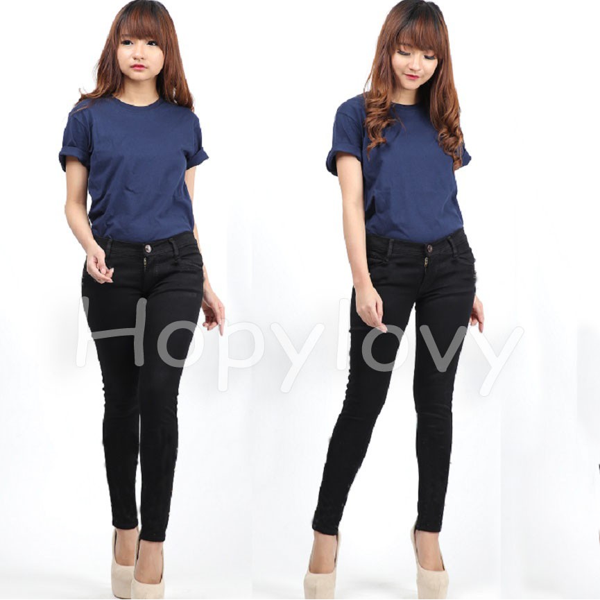 HOPYLOVY - Celana Jeans Wanita Hitam Basic Skinny BLACK