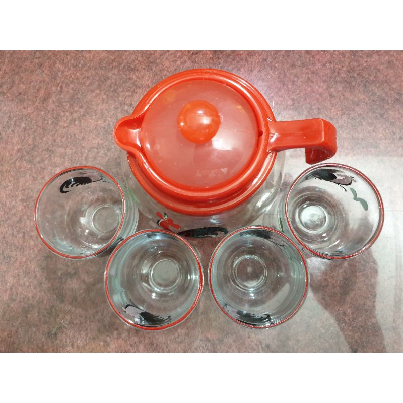 set teko + gelas kaca motif ayam