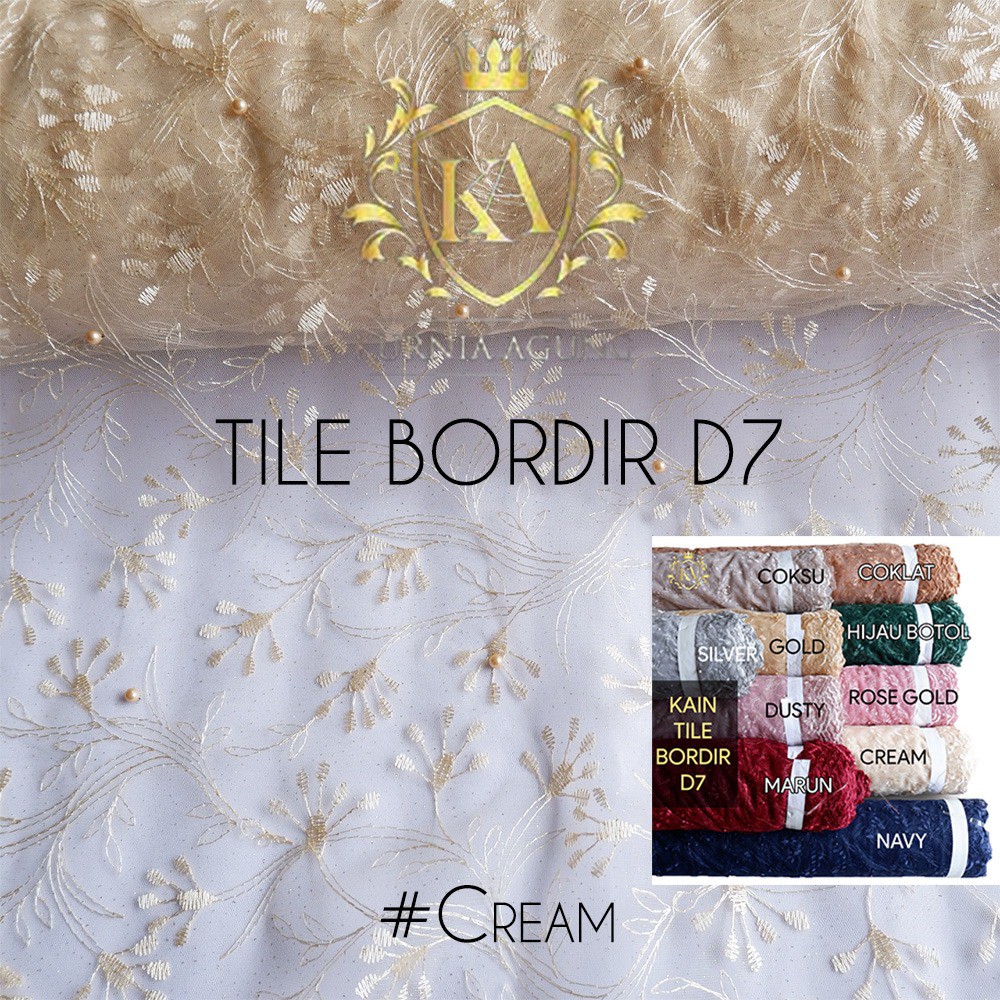 Kain Tile Bordir Mutiara Gliter Brukat Premium Meteran Tulle Bordir Bahan Gamis Pesta Kebaya Pengantin Mewah D7