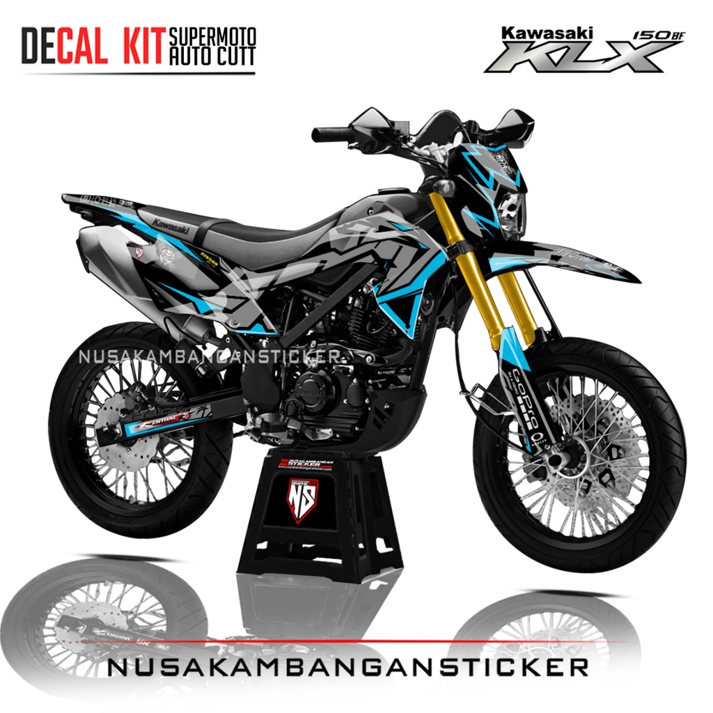 Decal Stiker Supermoto Motor Kawasaki KLX 150 BF Full Body Abu abu Biru Toska Grafis Racing Team Sti