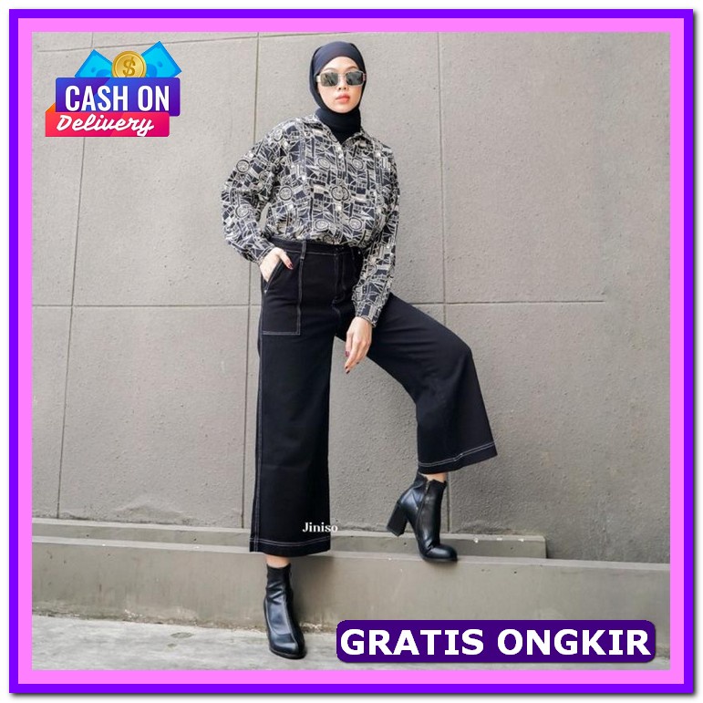 Celana Jeans Kulot Wanita Gaya Korea Nyaman Panjang Jeans Adem Terbaru Jiniso - Highwaist Kulot Jea