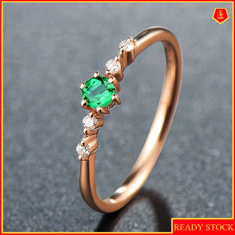 [Ready Stock]Elegant Personality Green Gem Rose Gold Ring