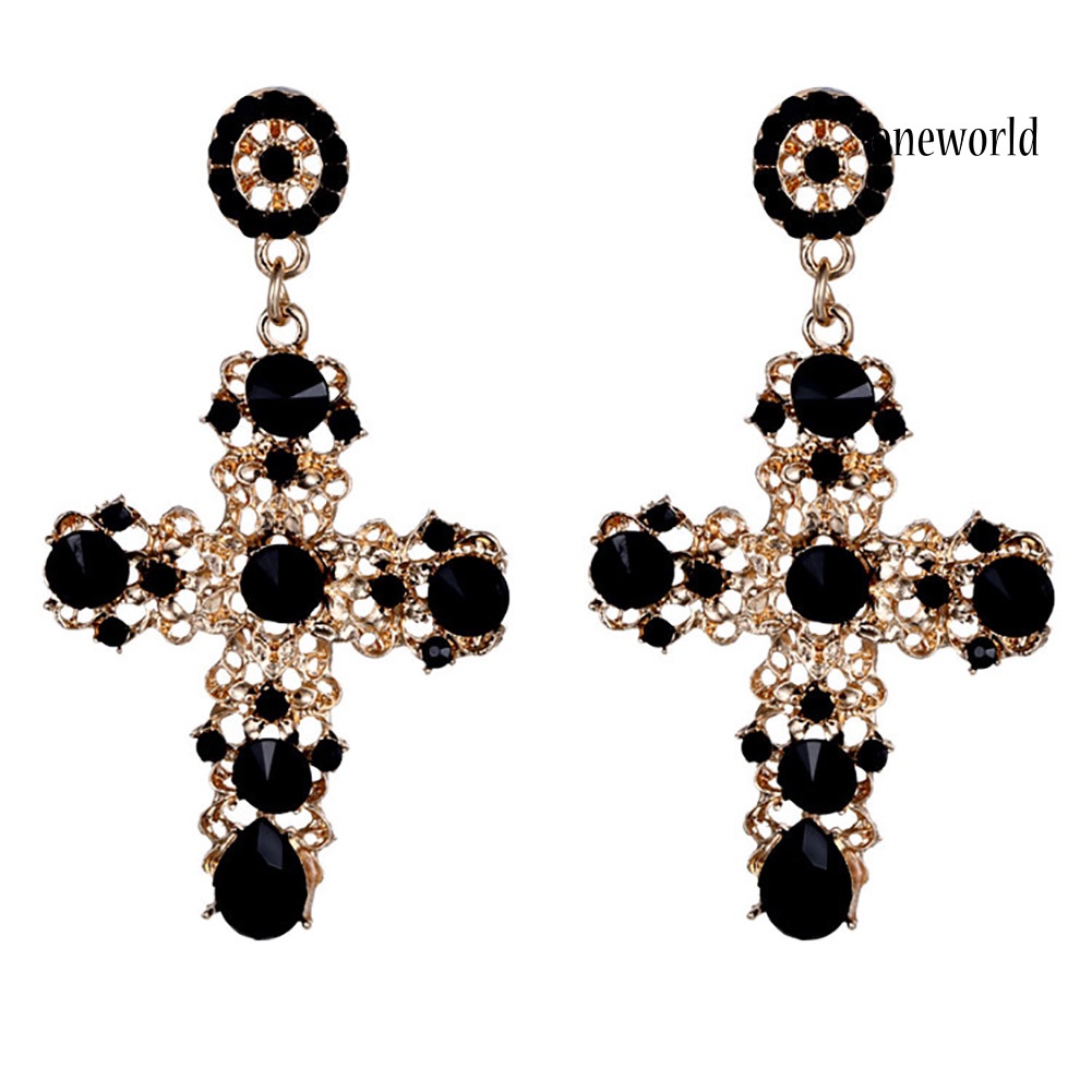 OW@ Vintage Women Rhinestone Inlaid Hollow Cross Charm Earrings Party Jewelry Gift