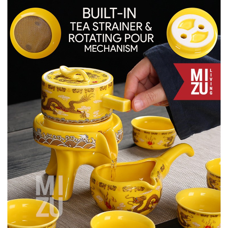 MIZU TAOHUACHA 9in1 Porcelain Rotating Stone Mill Pot Chinese Tea Set Teko 6 Cangkir Keramik