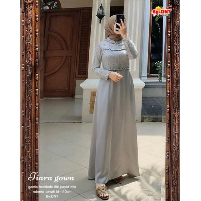 (COD) Tiara Abu Grey Silver Hellen Gaun Pesta Jumbo Ld 105-120 M-XXXL Umbrella Dress Brokat Gamis Ko