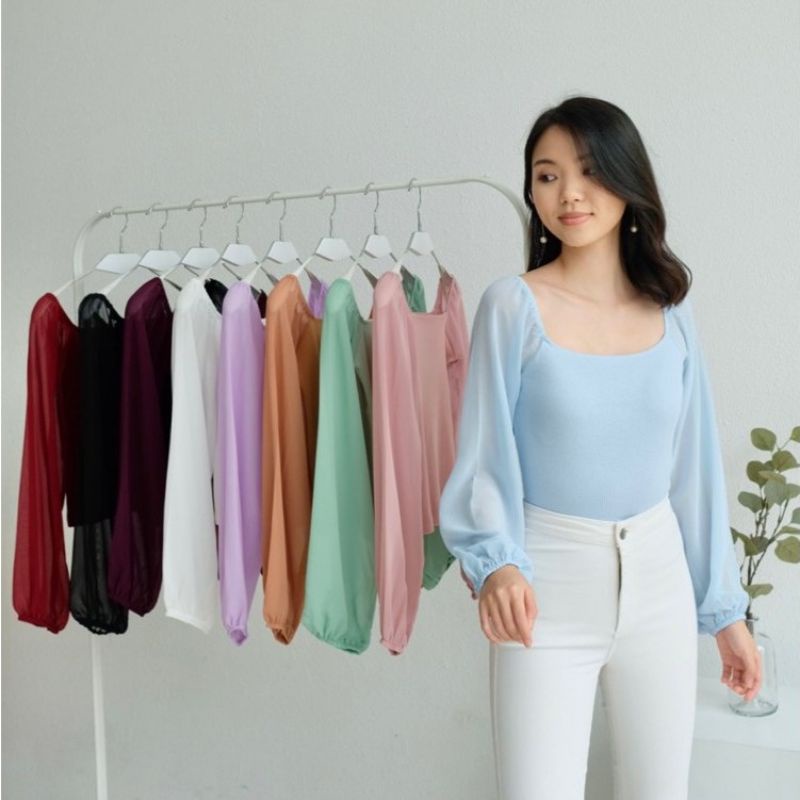 balloon Top Korea lengan Tangan Chiffon / blouse top chiffon puff balon balloon sabrina atasan transparan