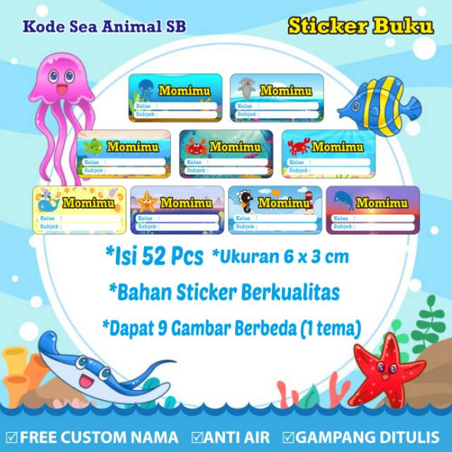 

Stiker/Sticker/Label Buku Pelajaran Anak/Remaja Custom Motif Sea Animal