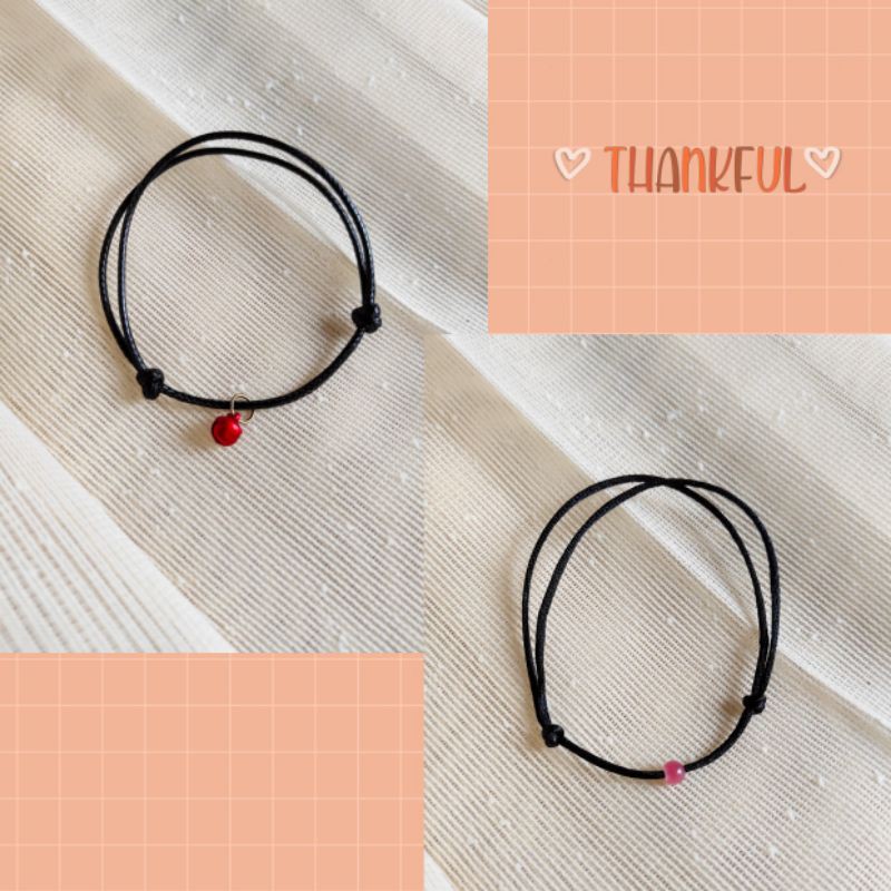 Gelang Tali Kecil Manik Batu Pink Kecil &amp; Red Bell