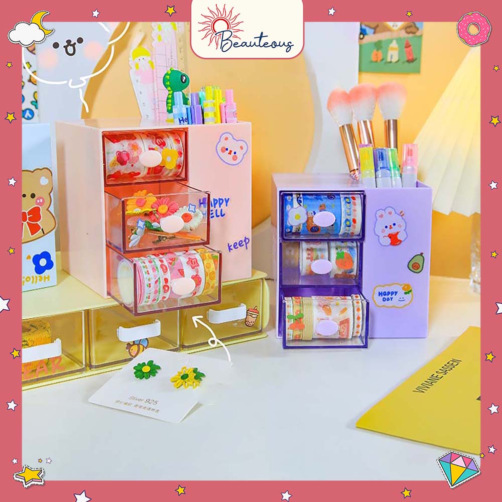 Kotak Laci Mini Tempat Make Up Storage Tempat Pensil Stackable Mini Serbaguna Free Sticker